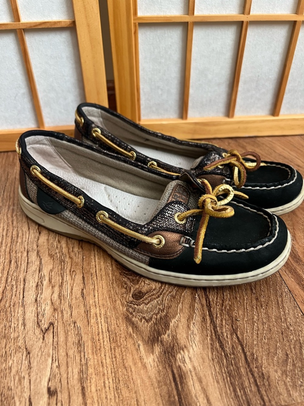 Sperry TopSider Boat Shoes Women 7.5M Black Brown Metallic Leather Lace Up Flats - Picture 2 of 13
